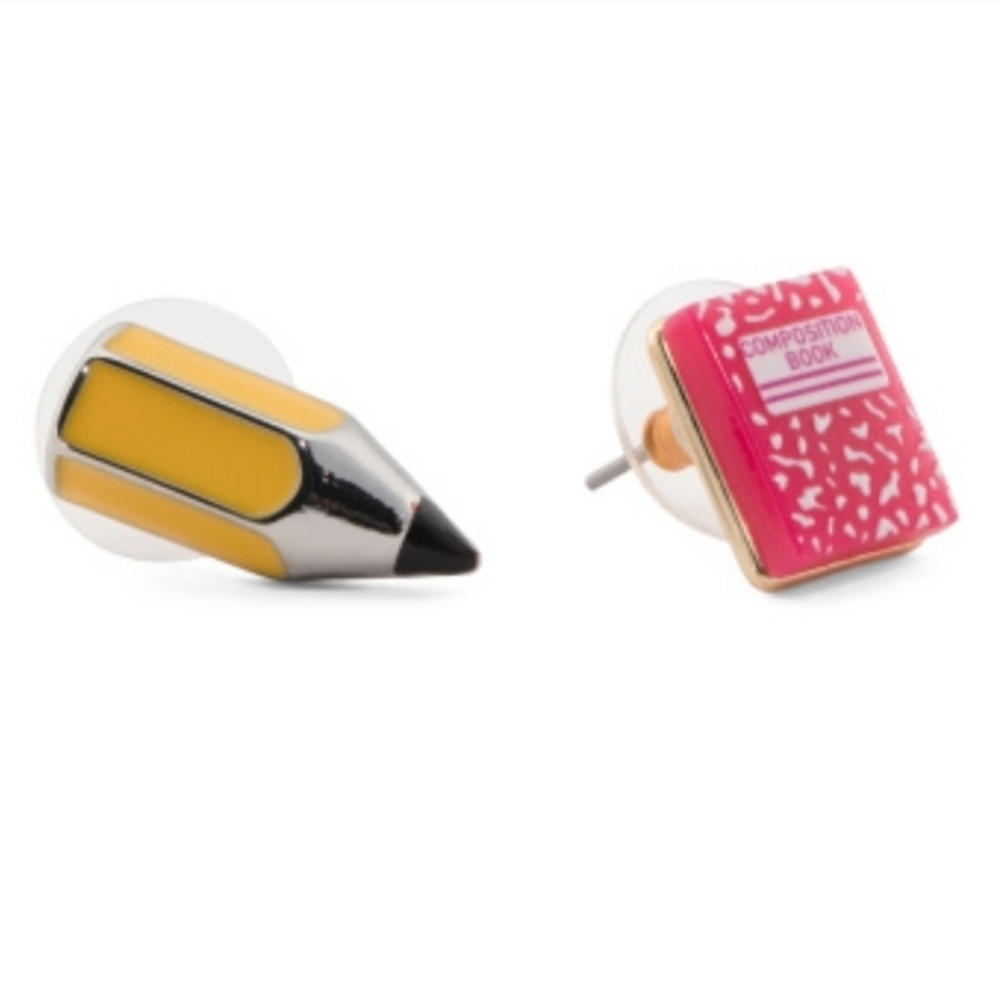 👉✨️Betsey Johnson Yellow Pencil and Pink Mismatch Composition Book Earrings